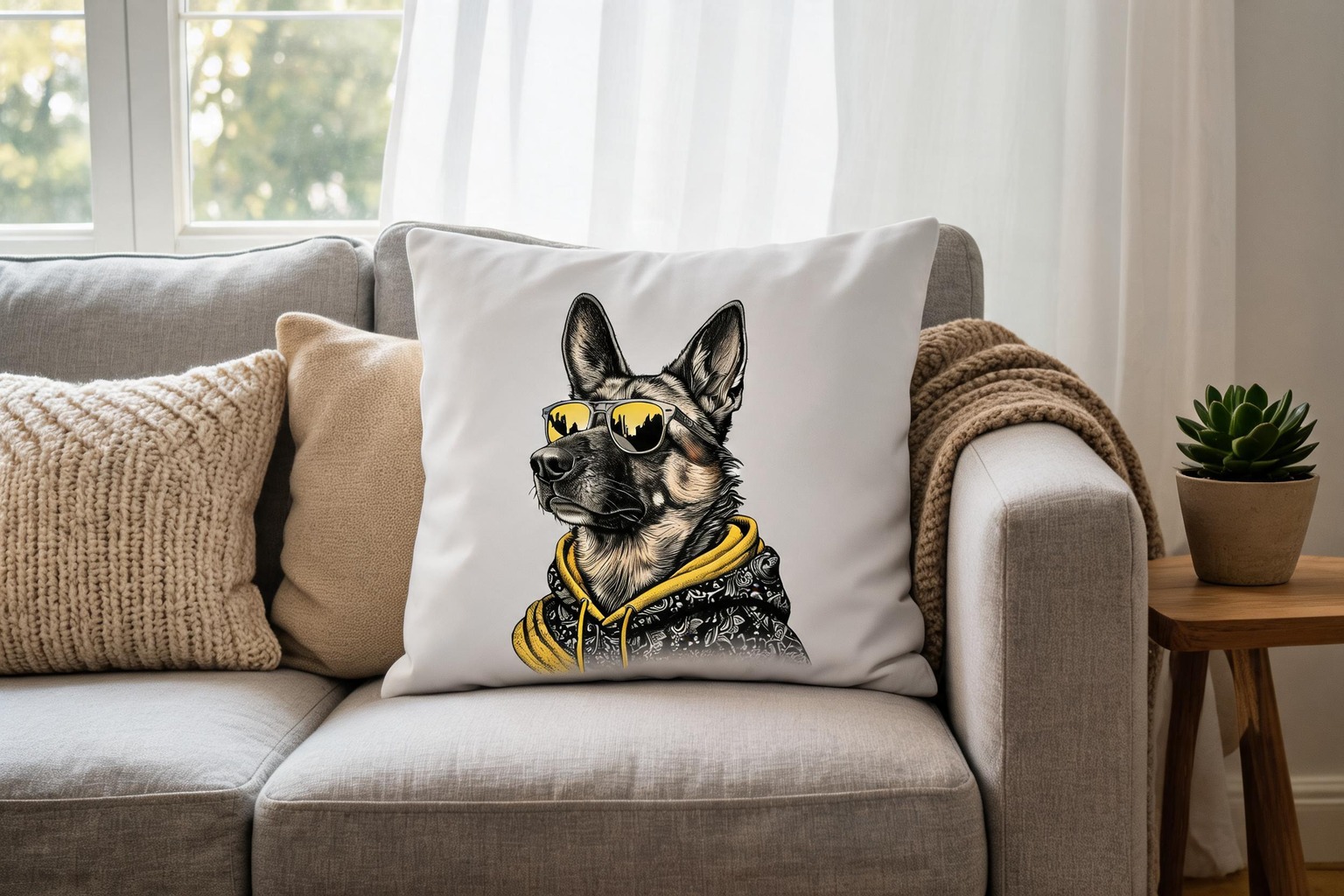 Rescue dog resting her chin on a soft gray pillow cover with a printed quote