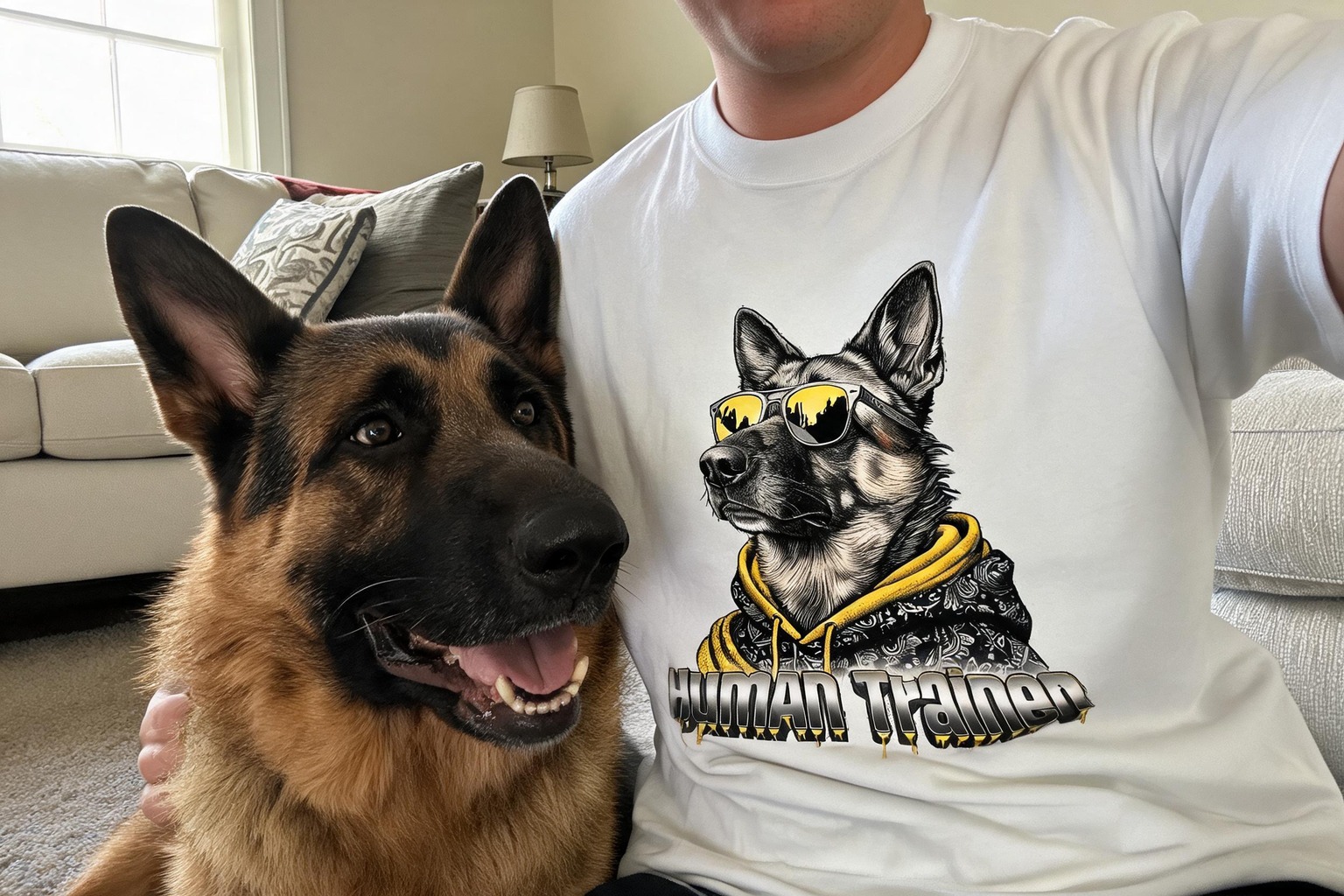 Pet parent smiling in her personalized dog shirt with her dog nearby