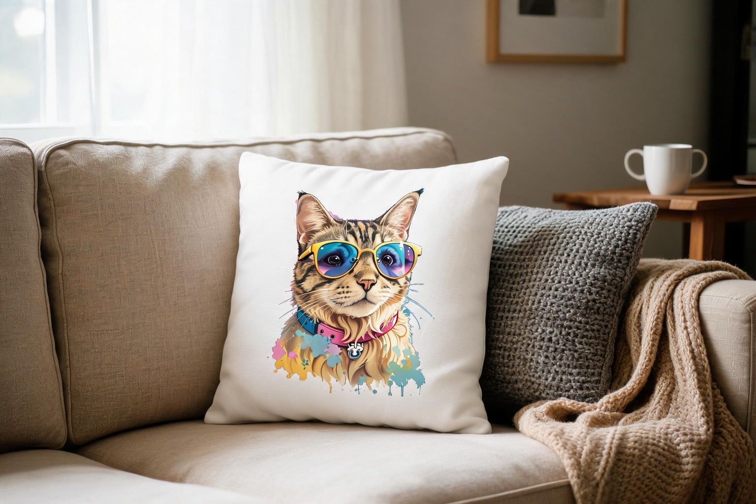 Gray cat sprawled across a couch corner in a cozy American living room.