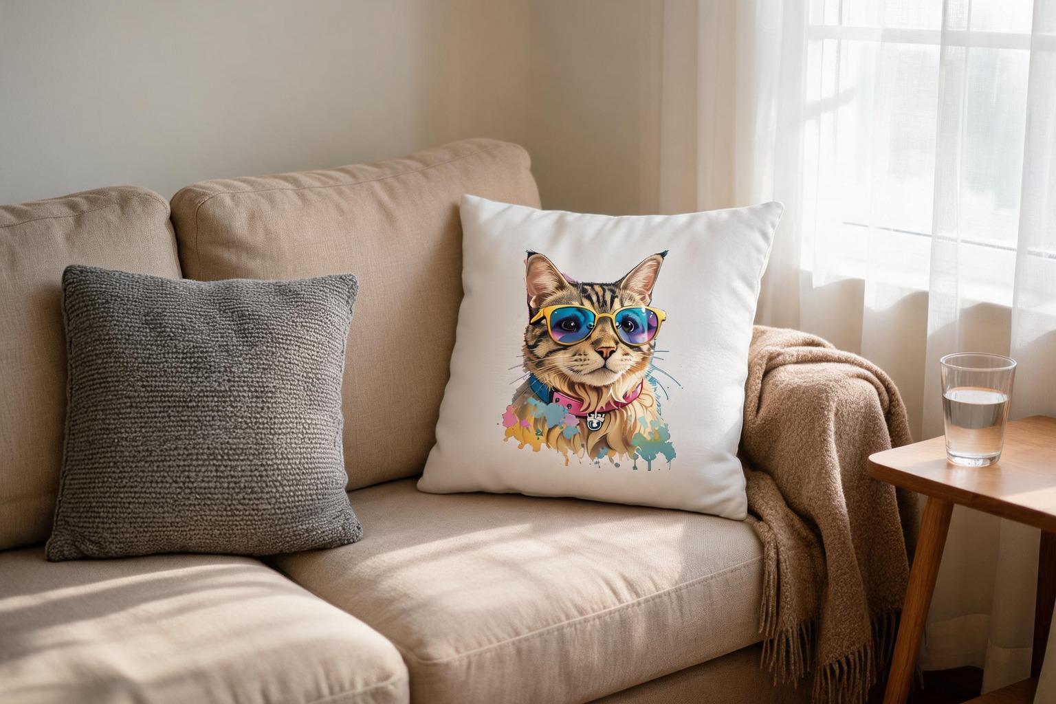Gray cat lounging on a gray personalized pillow cover on the living room couch.